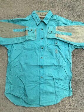 Remington Mens Large Blue Hunting Outdoor Field Button Up Shirt Elbow Patch